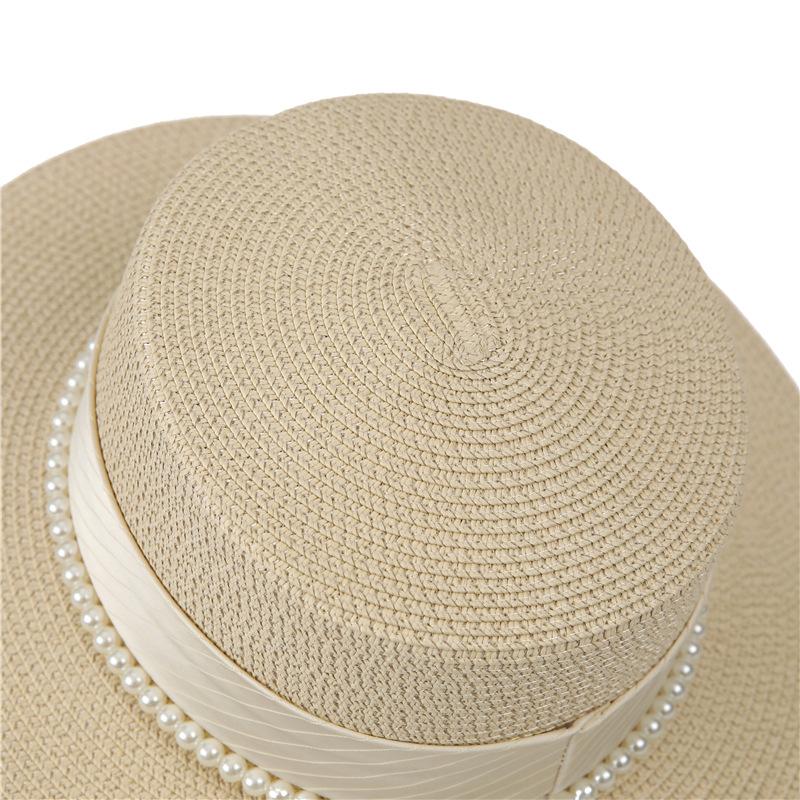 French Celebrity Flat Top Hat Summer Elegant Pearl Straw Seaside Sun Hat Children
