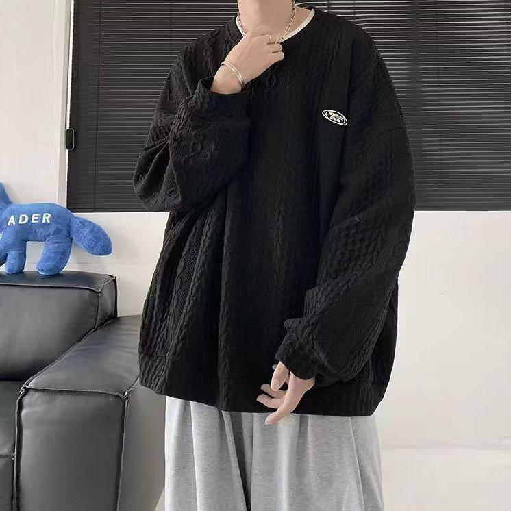 

Мужская трикотажная толстовка в стиле Гонконга Chic - модный свободный крой с круглым вырезом на весну и осень M чёрный