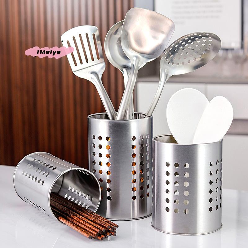 Stainless Steel Chopsticks Tube High-Capacity Kitchen Utensils Storage Bucket with Round Hole Hollowed Out Drain Feature