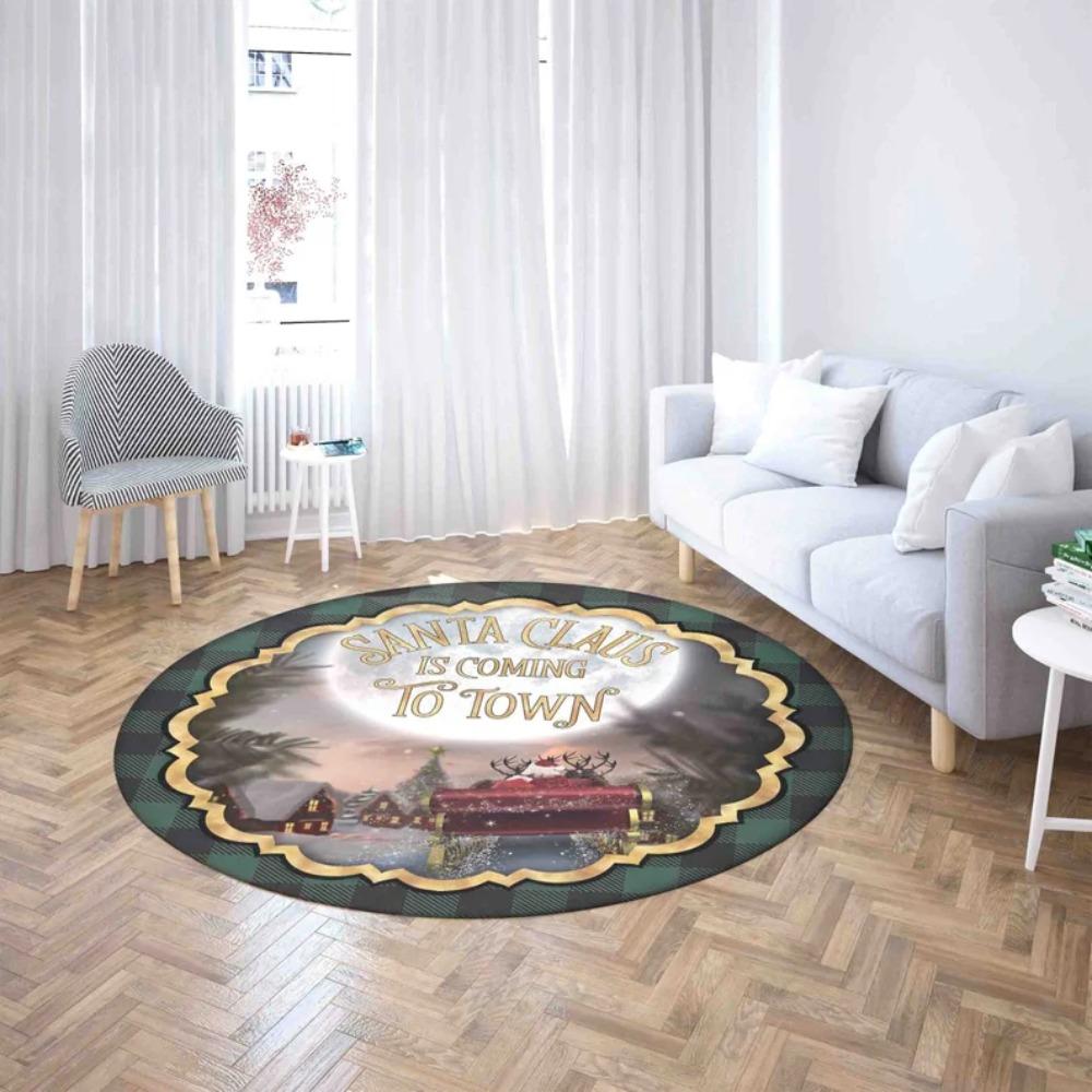 Christmas Round Carpet Mat Rug Snowman Santa Sleigh Home Decoration Holiday Living Room Floor Mat with Happy Holidays Greeting