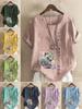 Women's Fashion Floral Cat Print Round Neck Short Sleeve T-shirt Summer Casual Cotton Linen Graphic Shirt Leisure Loose Blouse Tops