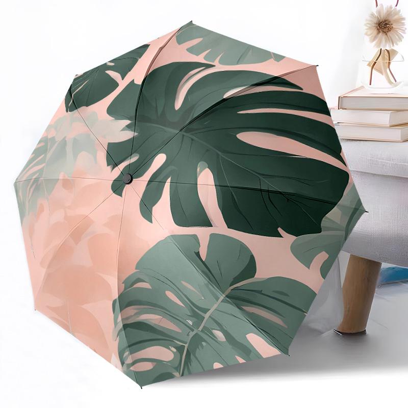 Tropical Leaf Pattern Compact Travel Automatic Umbrella Compact & Durable 8-Rib Design Foldable Design for Outdoor Daily Use Elegant Umbrella
