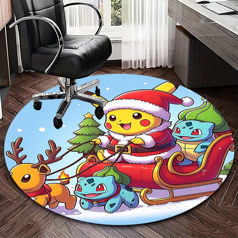 1pc Christmas Pikachu Santa Claus Round Carpet - Anime Design, Holiday Gift, Office Chair Mat, Non-Slip Rug for Home Decor, Living Room