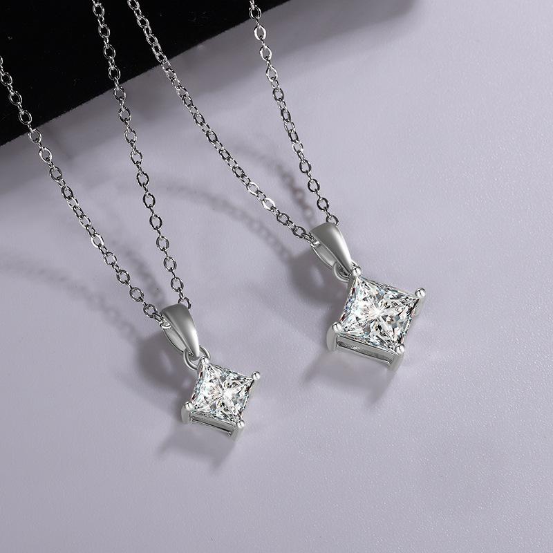 Hot Selling Cross‑border S925 Sterling Silver Princess Cut Moissanite Pendant Necklace for Women, Clavicle Chain, Valentine's Da