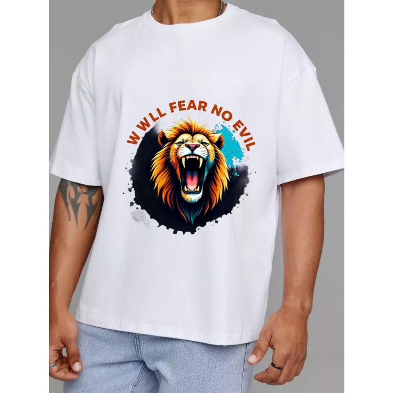 Weißes T-Shirt mit Löwengrafik und We Will Fear No Evil Text für Freizeitkleidung