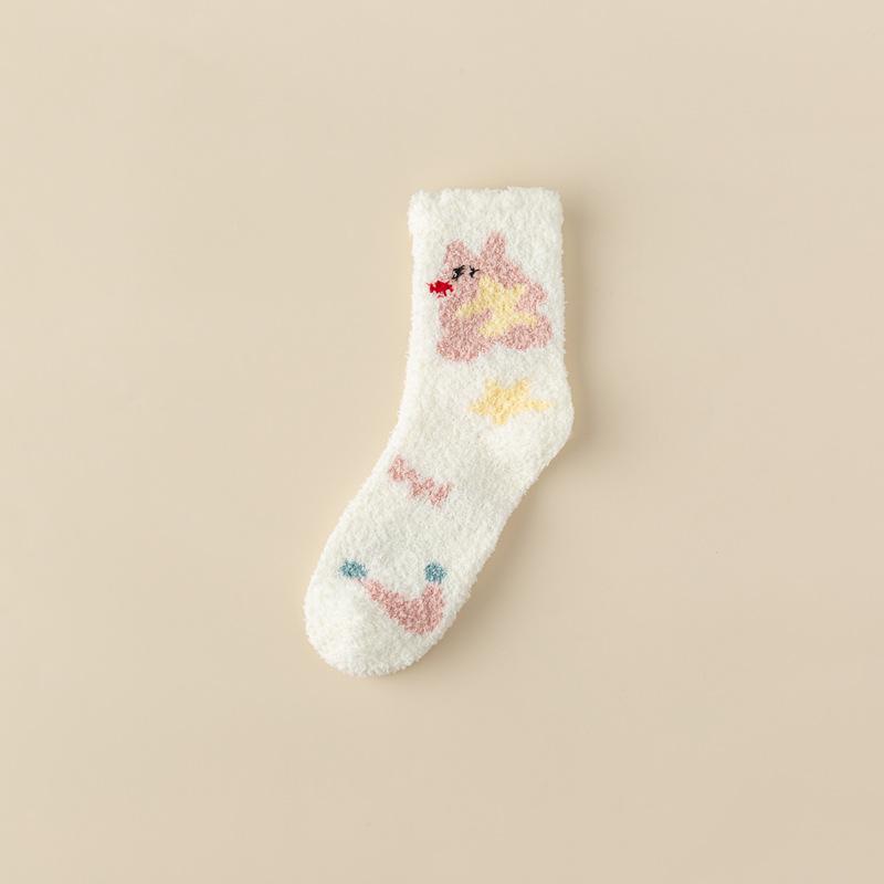 Cute Coral Fleece Socks Female Stars Cartoon Half Fleece Thickened Warm Home Floor Socks Medium Tube Confinement Women'S Socks