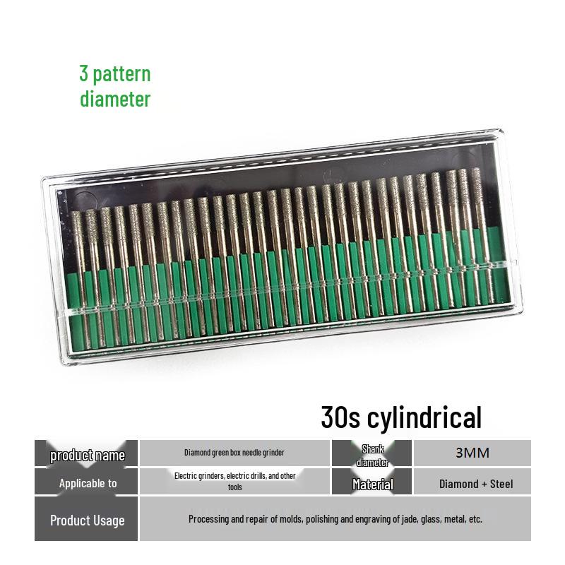 Diamond Grinding Head Set, 3mm Green Box: Cylindrical Alloy Grinding & Pneumatic Needle Heads