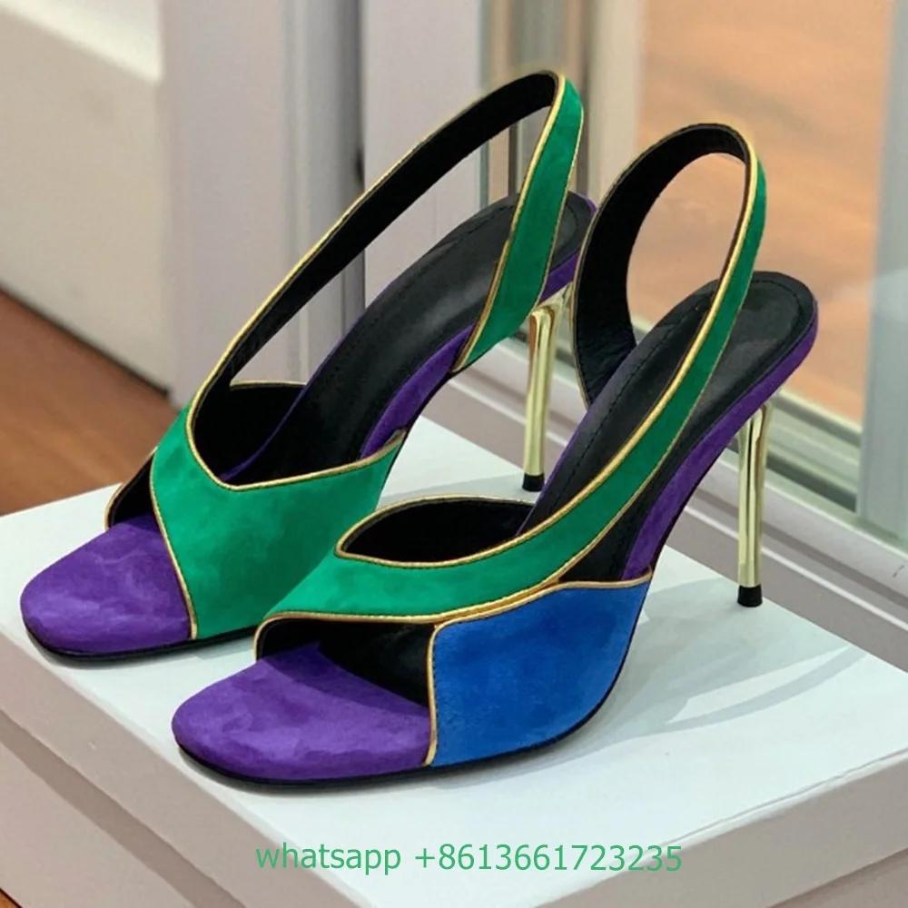 Meatl Stiletto High Heel Suede Mixed Color Splicing Sandals Slip On Women Sandals Slingback Catwalk Design Luxury Shoes