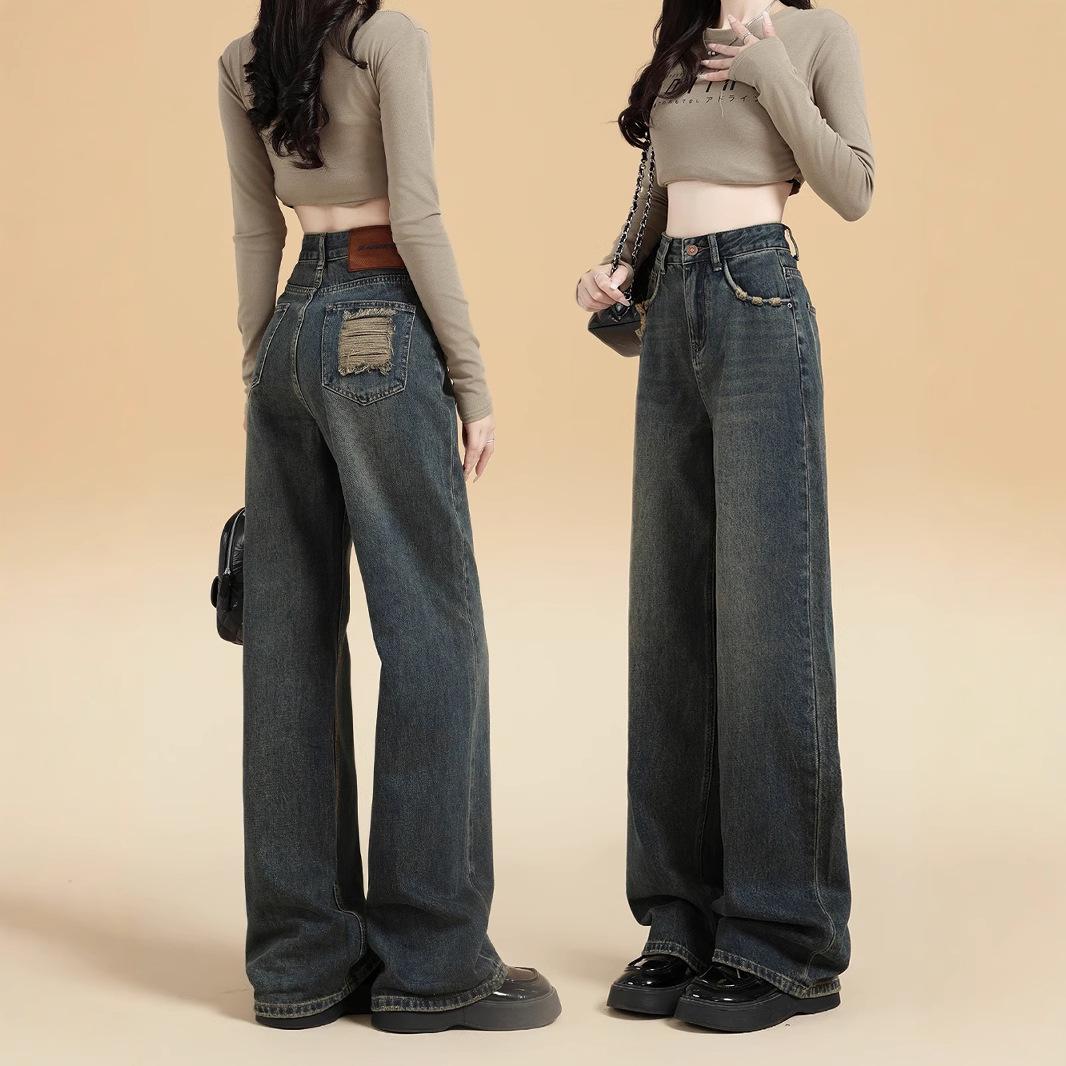 

American High-Waisted Light-Wash Wide-Leg Jeans for Women M
