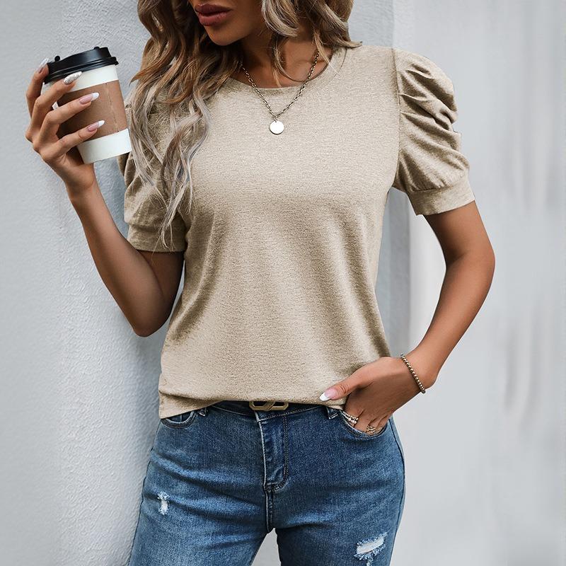 Summer Casual Puff Short Sleeve Women T-shirt O Neck Simple Office Ladies Fashion Elegant Women's Top Solid Color Basic Simple Shirt
