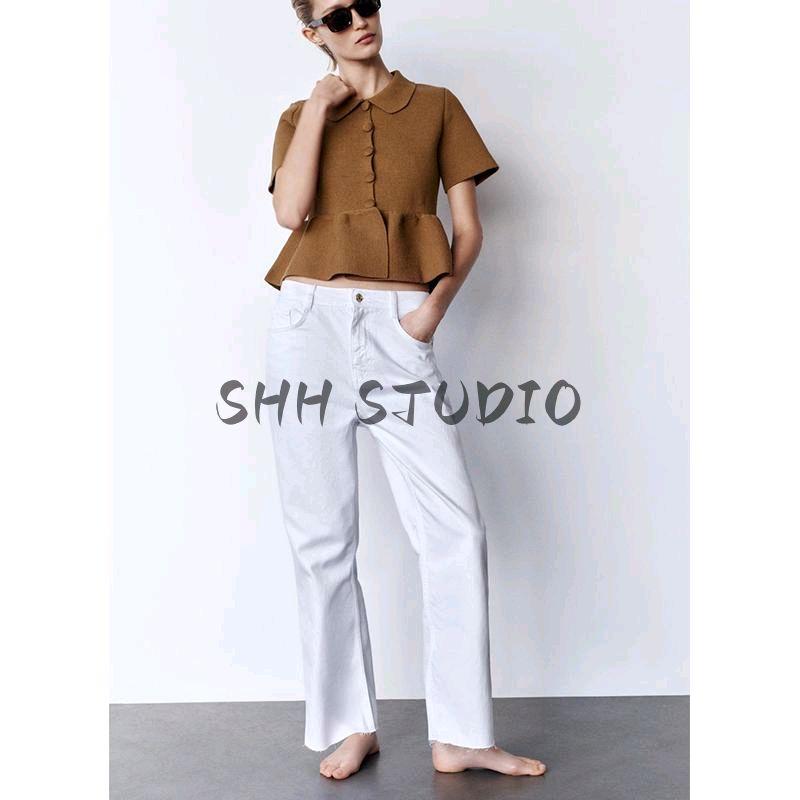Spring New Women Clothes Graceful Lapel Short Sleeve A- Line Short Skirt Hem Knitted Outerwear 2142012