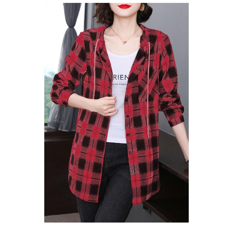 Women's Spring and Autumn 2025 New Stitched Hooded Button Lace Plaid Fashion Versatile Casual Long Sleeve Shirt