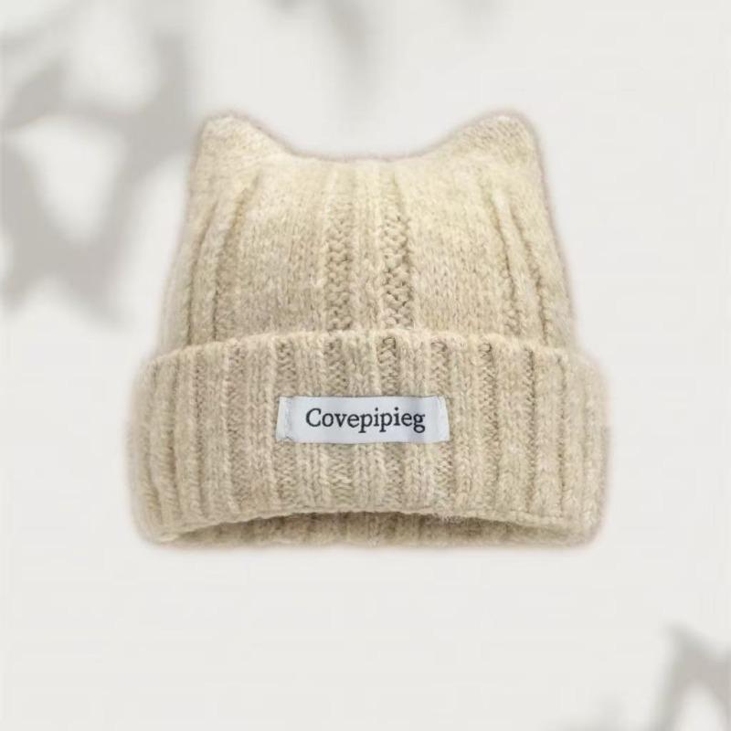 Cat Ear Beanie for Women Winter Warm Ear Protection Hat Solid Color Crochet Bonnet Sweet Girl Knit Pullover Cap Skullcaps
