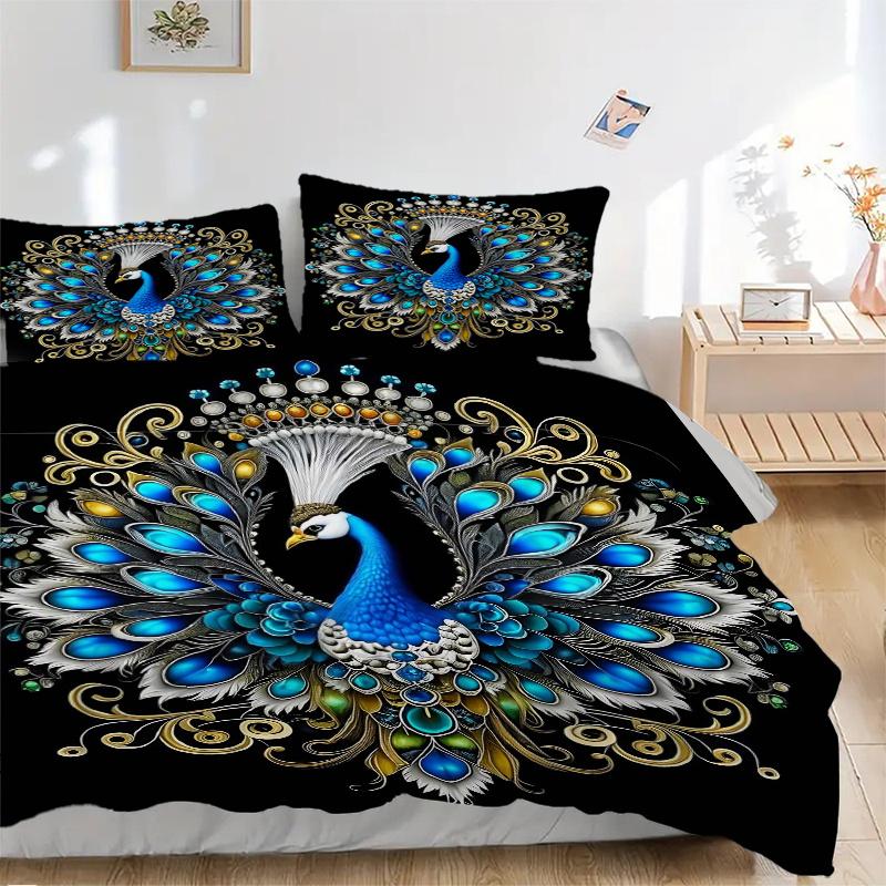 3pcs Enchanted Elegance Peacock Printed Quilt Set - Includes 1 Quilt Cover and 2 Pillowcases, Machine Washable - Suitable for All Seasons.J037