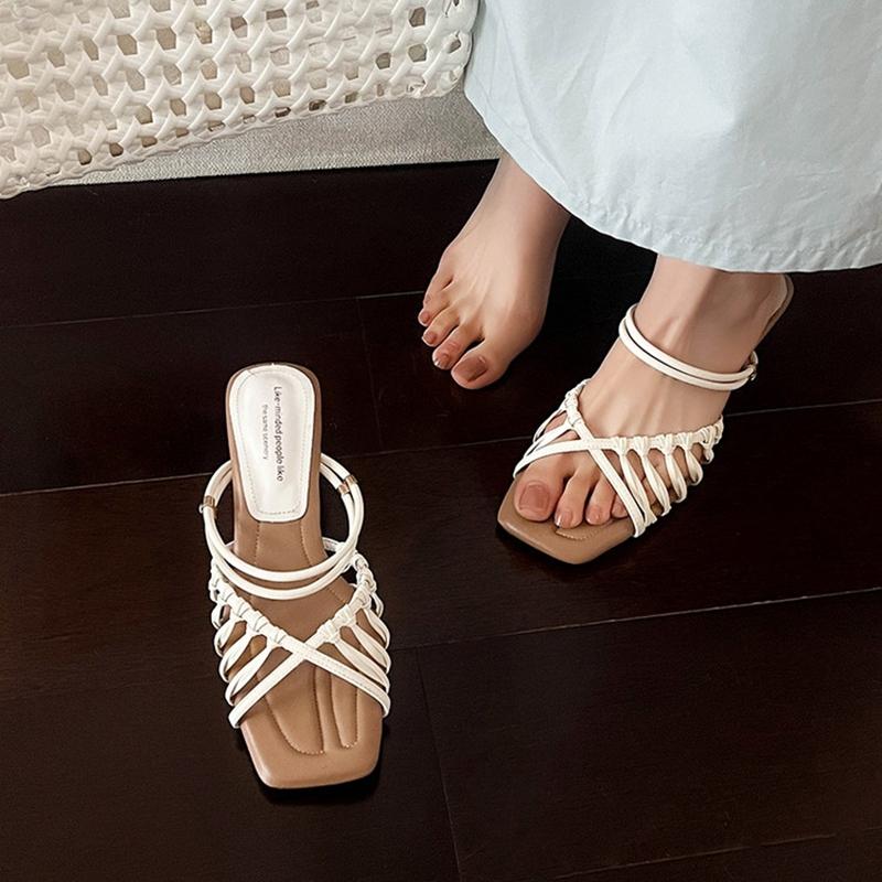 Fashion NEW Summer Women Sandals Split Leather Shoes for Women Open Toe Ankle Strap Shoes Square Toe Strange Heel Narrow Band Sandals