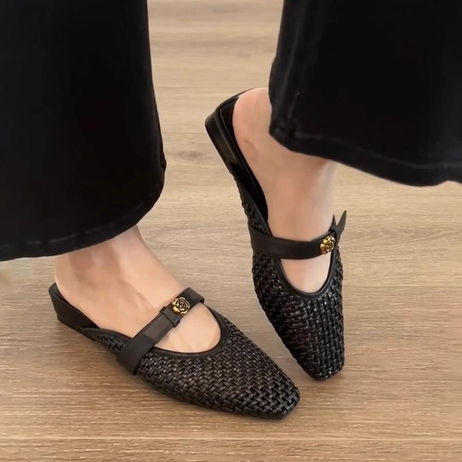 Woven breathable hollow bag head half slippers women's summer new French thick heel versatile sandals