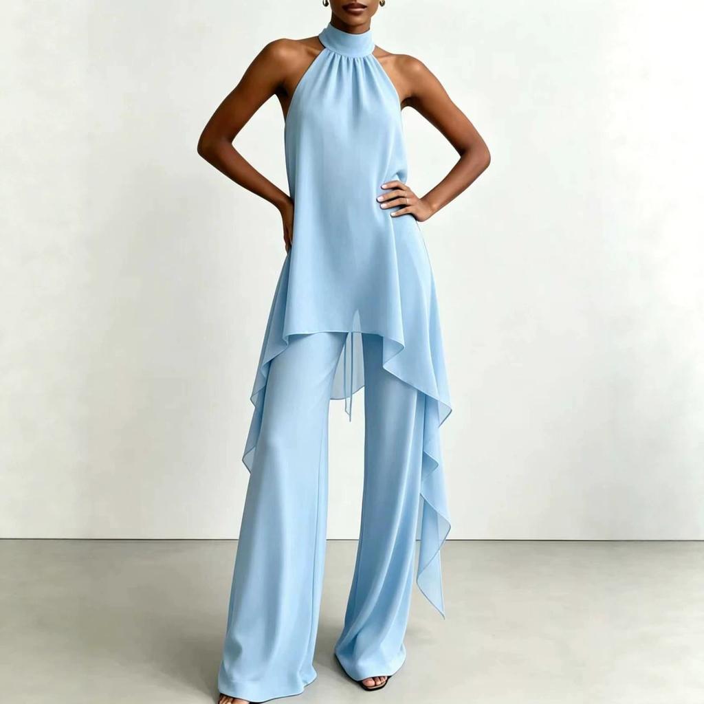 Cross-border special supply of European and American style neck off-the-shoulder chiffon top wide-leg pants set, temperament thin and drape two-piece 