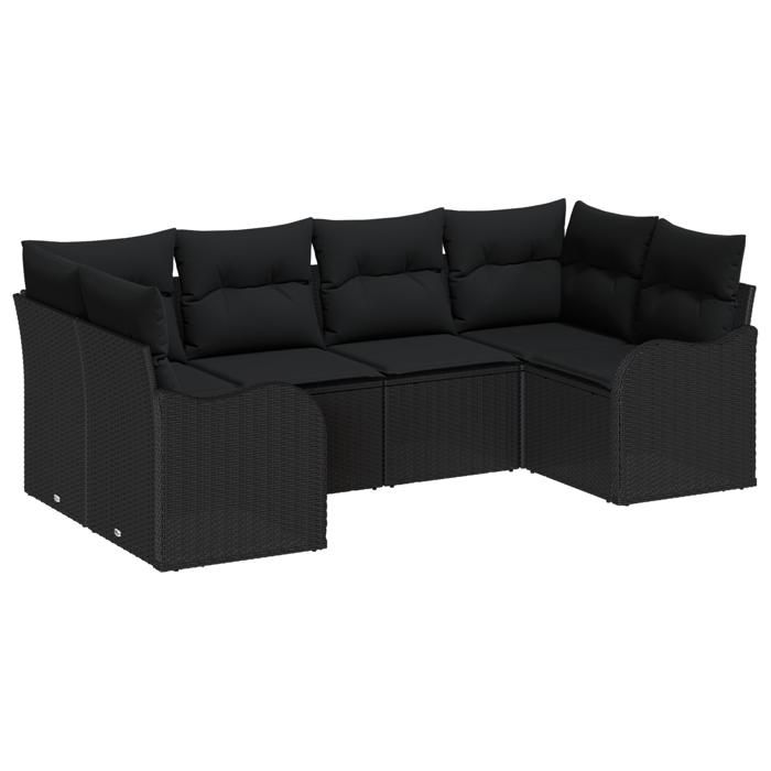Ensemble canapé jardin vidaXL 6 pièces avec coussins noir poly rattan, Sofa jardin 2 places vidaXL avec coussins noir poly 3345843