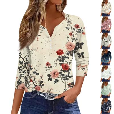 T-shirt décontracté à manches trois-quarts et col en V pour femme, imprimé floral, boutons décoratifs