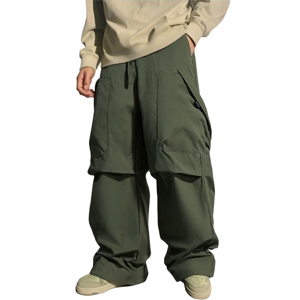 Men's Casual Solid Color Multi-pocket Cargo Pants, Men's Knee-pleated Elastic Waist-cinching Loose Straight-leg Trousers