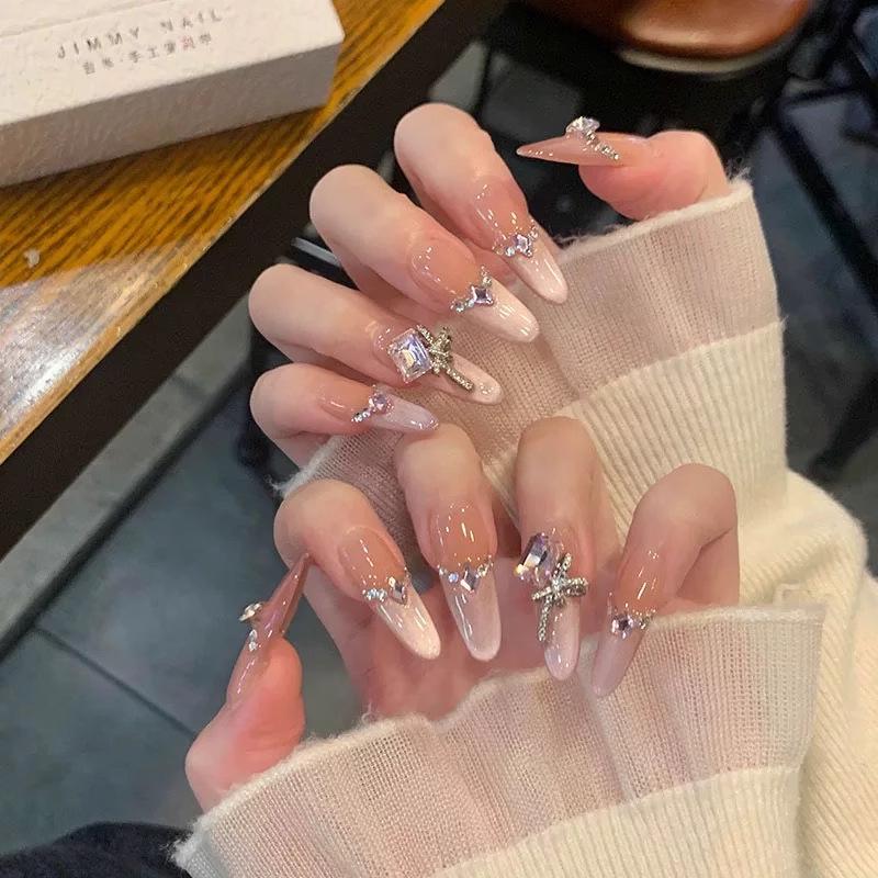 Handmade Medium-Long Ice Crystal Butterfly Cat Eye Nails for Brides or Pregnant Women