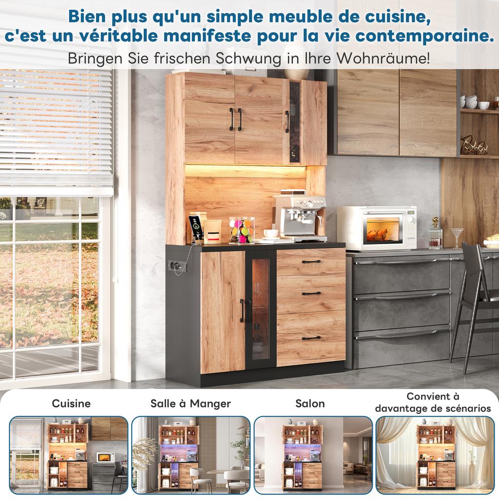 105 × 40 × 180 Cm Modern Tall Kitchen Cabinet, Black and Wood-look with LED Lighting, Adjustable Shelves and Euro-style Socket