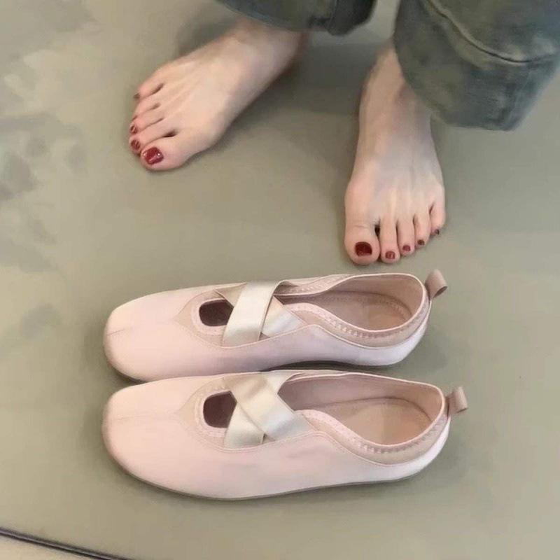 Light-colored French Gentle Wind Flat Shoes Crossed Ballet Single Shoes Women's Round Head One Pedal Mary Jane Shoes