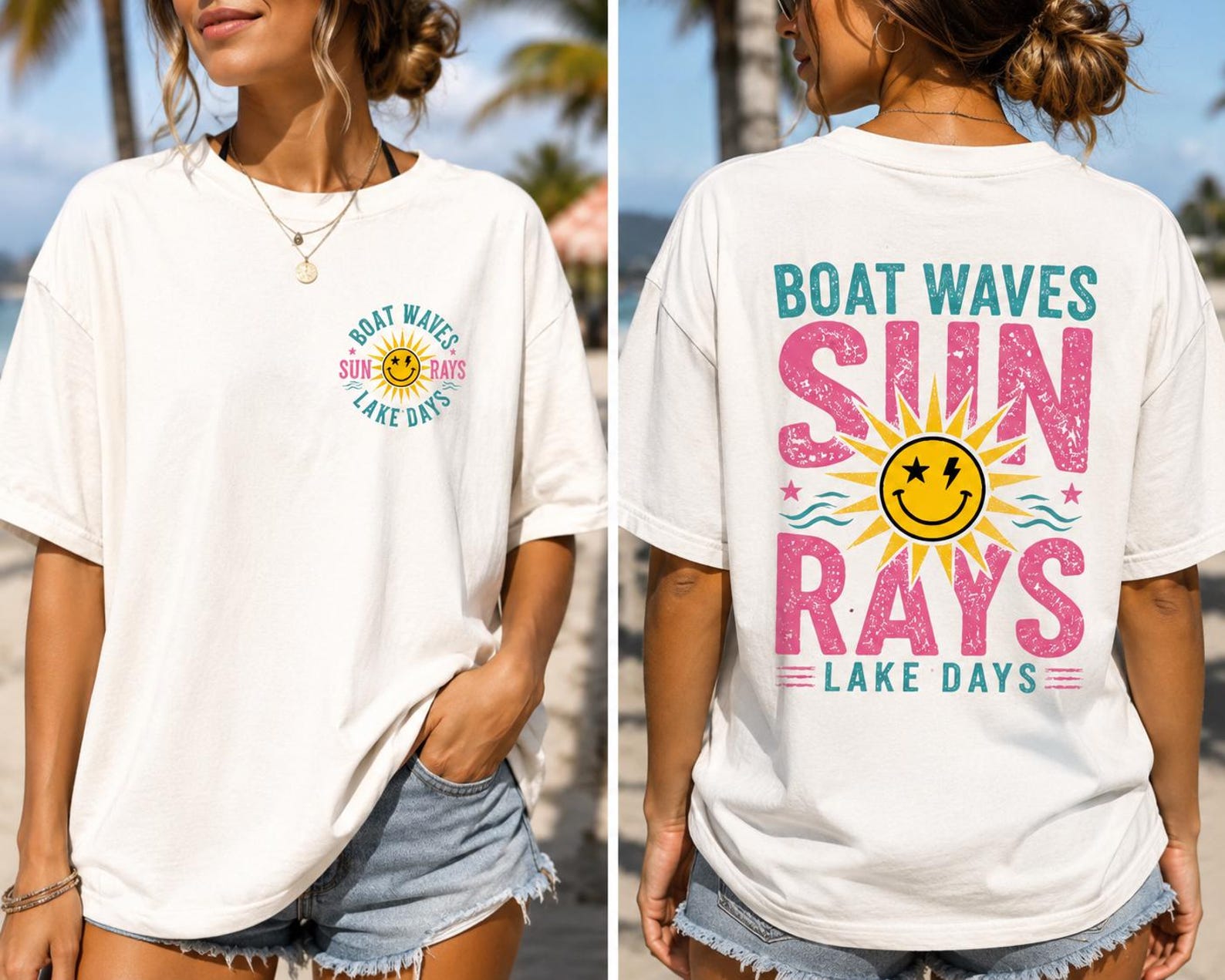 Boat Waves Sun Rays Lake Days Retro Summer Shirt S