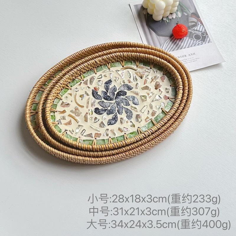 3Pcs Vintage Oval Handmade Rattan Woven Tray Nordic Natural Colorful Shells Weaving Fruit Storage Basket Breakfast Serving Trays