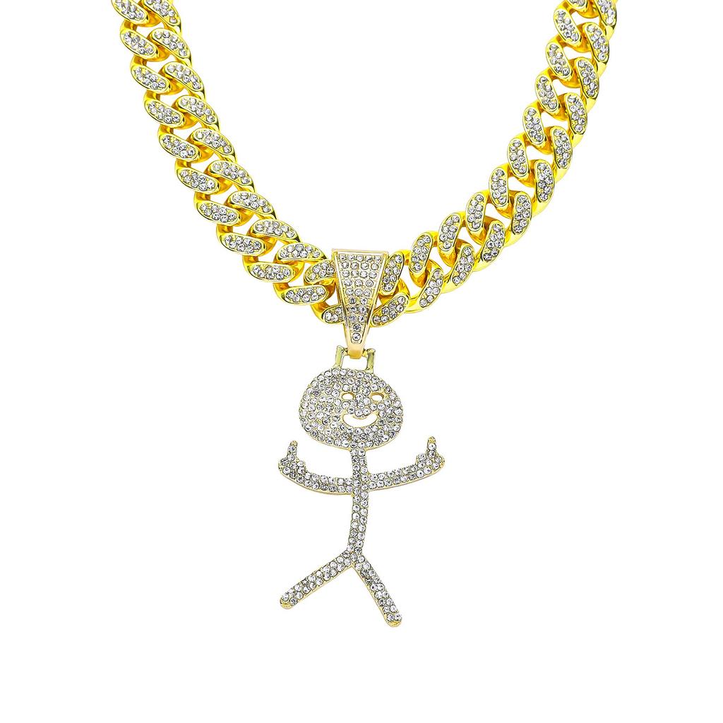 Creative Full Diamond Cartoon Character Pendant Cuban Chain, Eu and American Hip-hop Style Necklace, Trendy Male Personality Funny Collarbone Chain