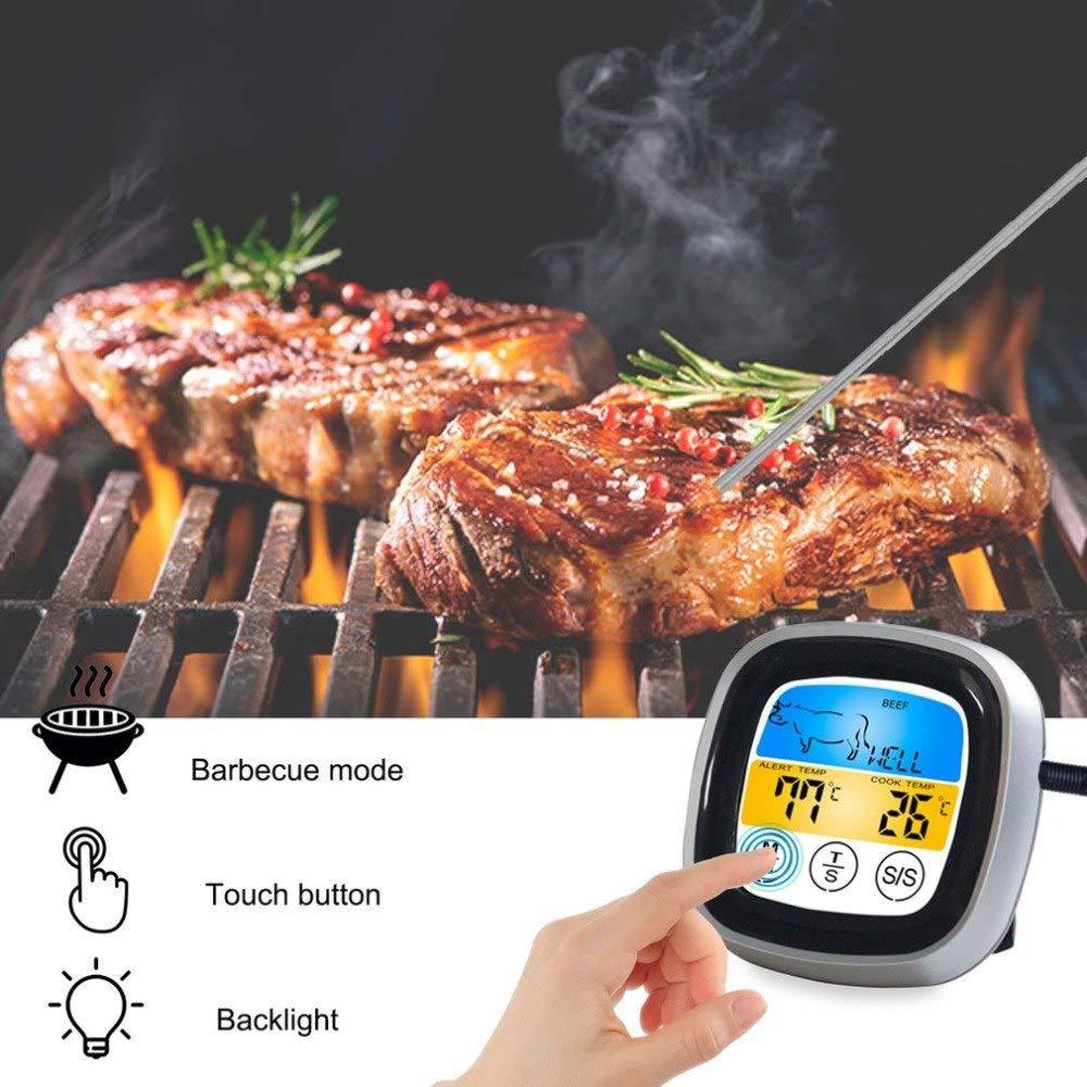 Smart Digital Meat Thermometer with Probe LCD Touchscreen Timer for BBQ Grill Oven Cooking Food Temperature Gauge Kitchen Tools