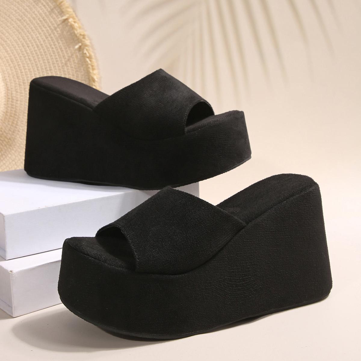 

Женские повседневные однотонные тапочки с толстым каблуком и наклонной подошвой, универсальные, однотонные, с тканевой поверхностью, для пляжа, классные тапочки 43 чёрный