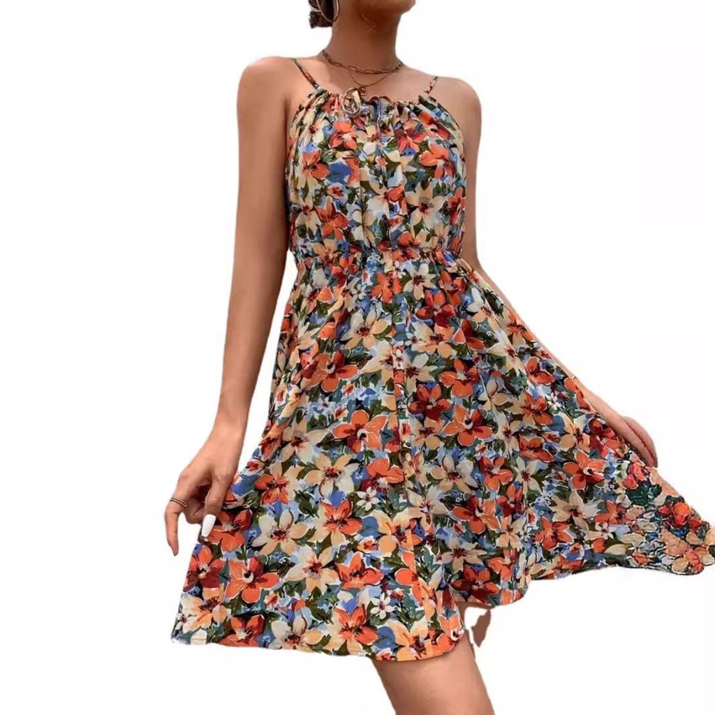 Summer New Style, Elegant, Sleeveless, Dress, Pullover, Printed, Elastic Waist, Camisole Short Skirt, Women's