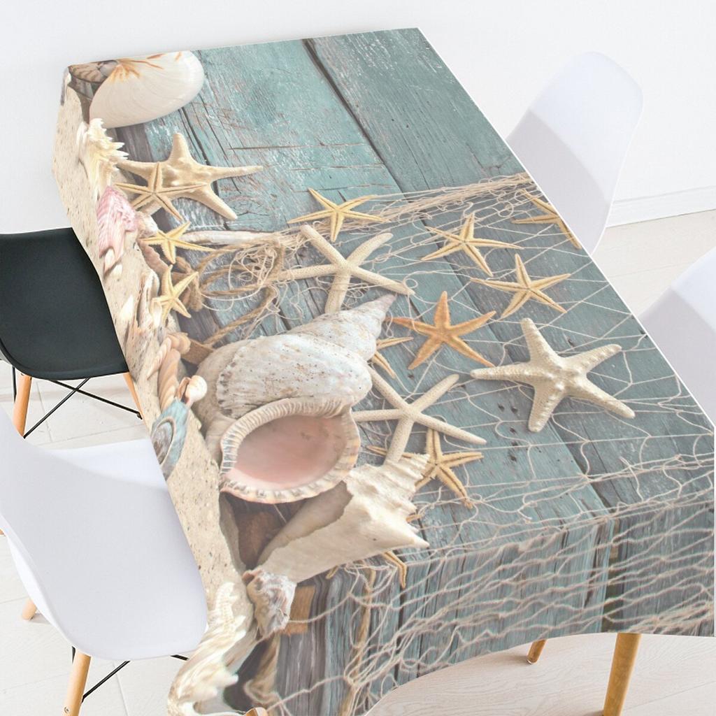 Vintage Nautical Wooden Board Rectangle Tablecloth for Table Decor Summer Fish Nets Starfish Conch Shell Table Cloth Party Decor