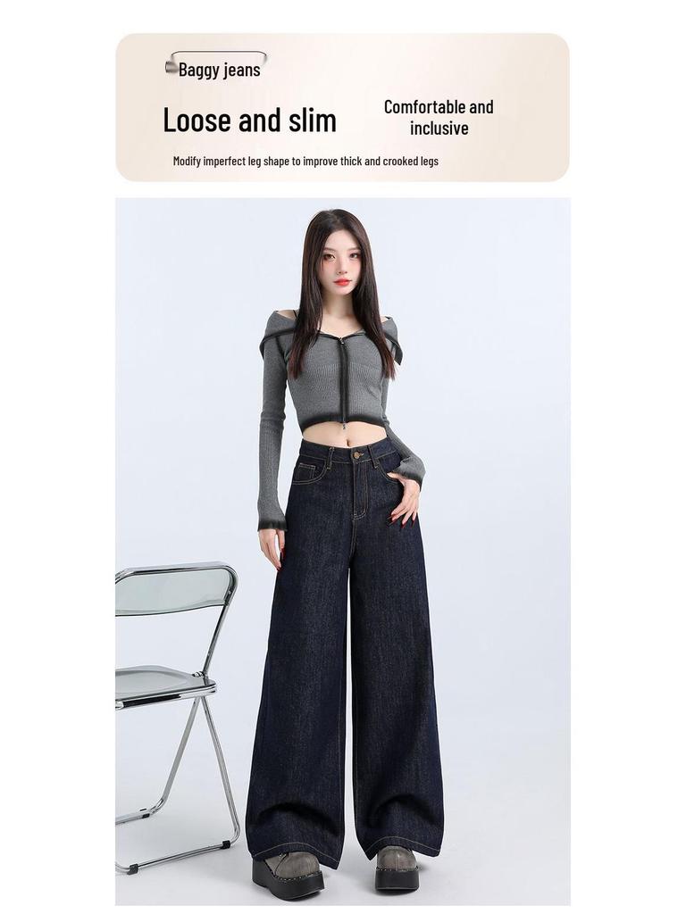 Dámské retro tmavě modré džíny s širokými nohavicemi a vysokým pasem 2025 - Jarní kolekce, Volný střih, Ležérní styl, Kalhoty s rovnými nohavicemi