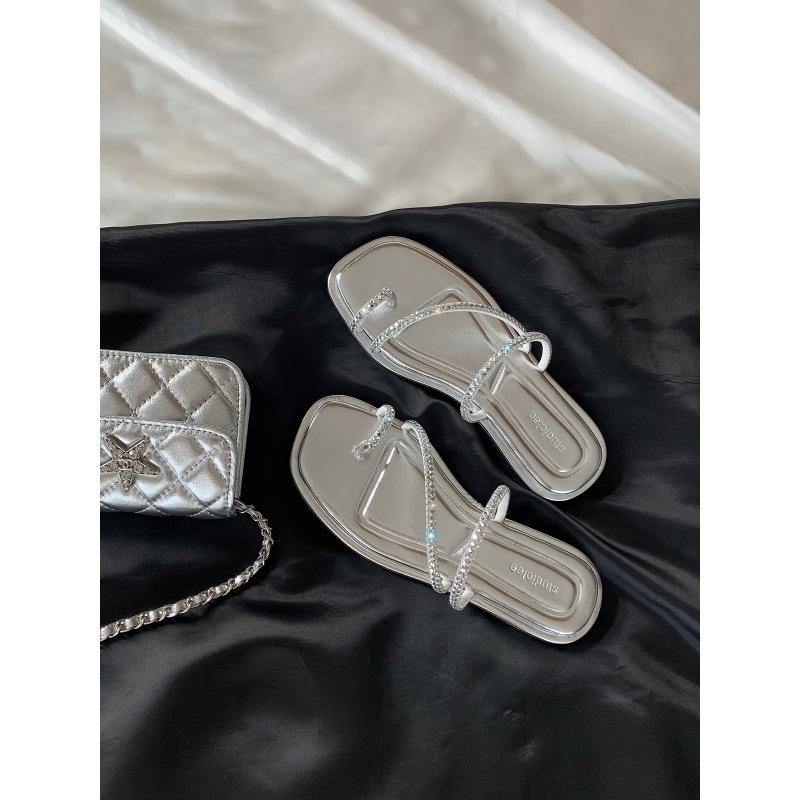 

Shoes sparkling rhinestone cover toes exquisite flat-bottomed cool slippers women 34 серебряный