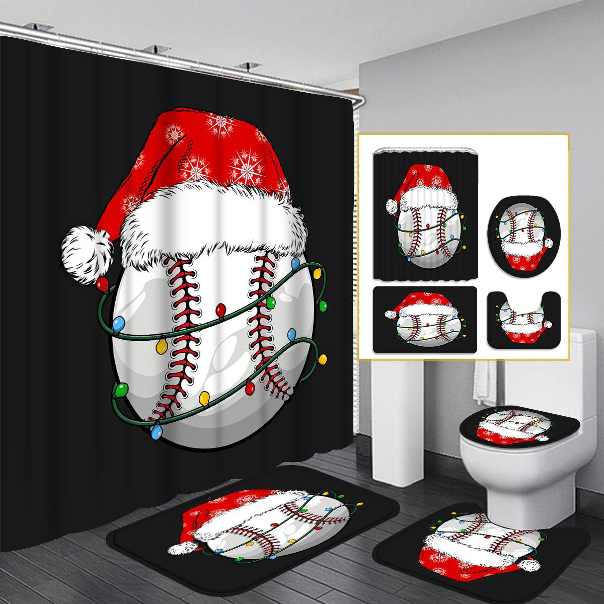 

Baseball-Themed Christmas Shower Curtain Set With 12 Hooks - Polyester, Non-Slip Bath Mat, U-Shaped Toilet Mat & Lid Cover W60H190(CM)-1 Pcs