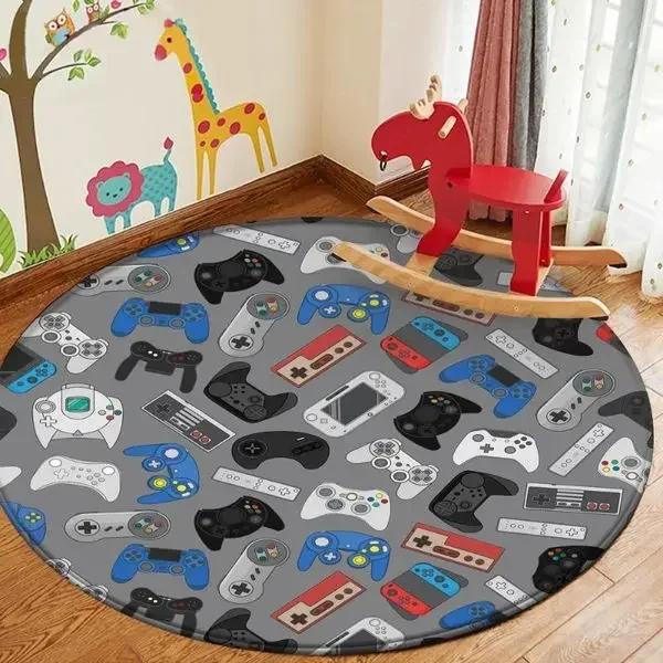 Cartoon Gamer Game Controller Round Area Rug,Circle Carpet Rugs for Living Room Children's Bedroom Sofa Decor,Non-slip Floor Mat