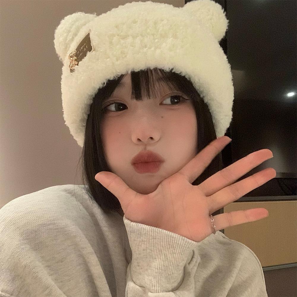 Ears Bear Wool Hat Women's Autumn and Winter Plush Thickened Knitted Hat Korean Version Cute Niche Cold Hat Women's Winter