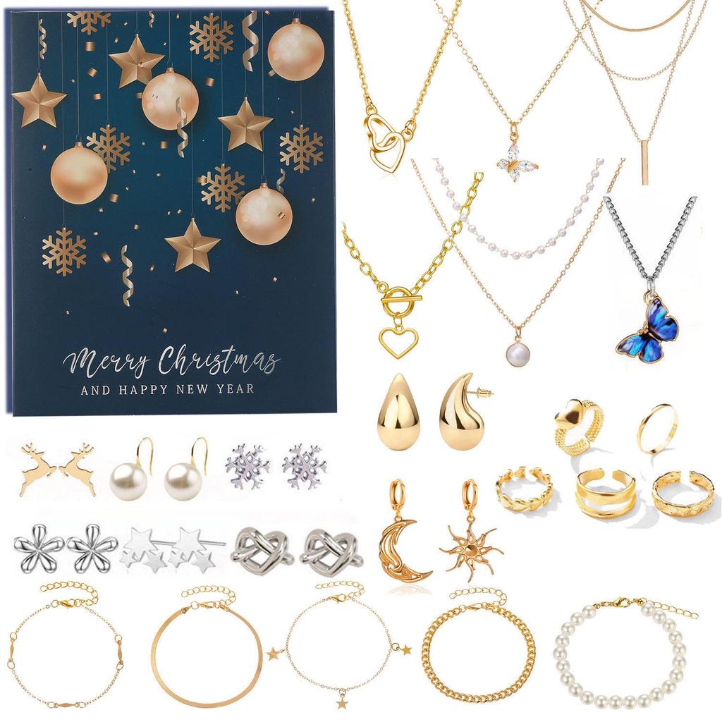 Holiday Gold Jewelry Set: Necklace, Beaded Bracelet, Ring, Earrings & Advent DIY Gift Box