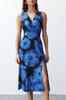 Women's Fashion Blue Patterned Gathered Double Breasted V-Neck Flexible Knitted Midi Dress