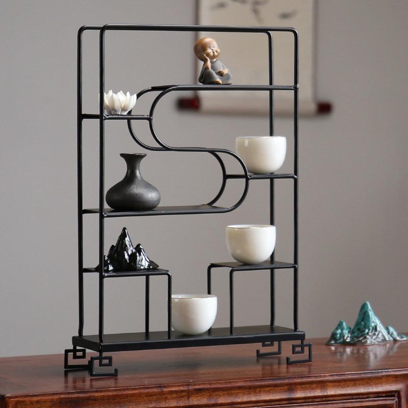 Modern Luxury Iron Display Shelf - Desktop Curio Cabinet Tea Ceremony Organizer, Chinese Style Decorative Shelf for Living Room