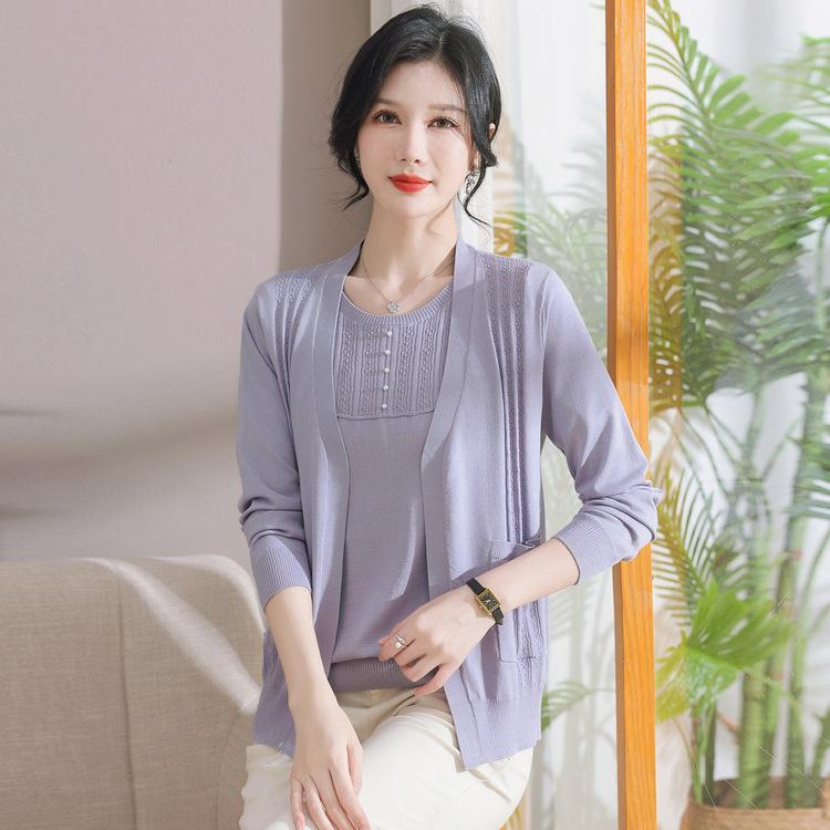 

Новая модная рубашка, весенне-осенние топы для женщин среднего и пожилого возраста, комплект из двух предметов: весенне-летний вязаный свитер однотонной расцветки для мамы 3XL