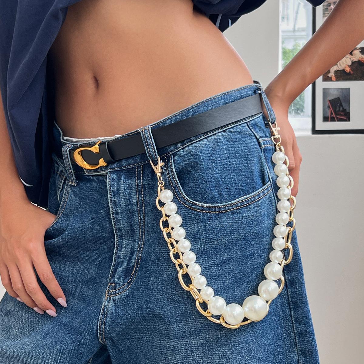

Exaggerated Style Imitation Pearl Beaded Jeans Chain Women, Fashionable Metal Thick Chain Waist Chain Pendant