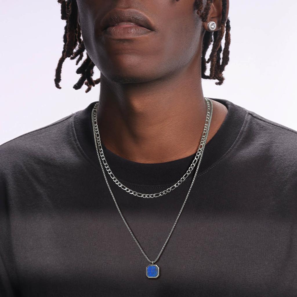 Vnox Stylish Mens Geometric Necklace with Black Enamel, Stainless Steel Metal Double Layered Chain Collar, Unique Gifts for Men
