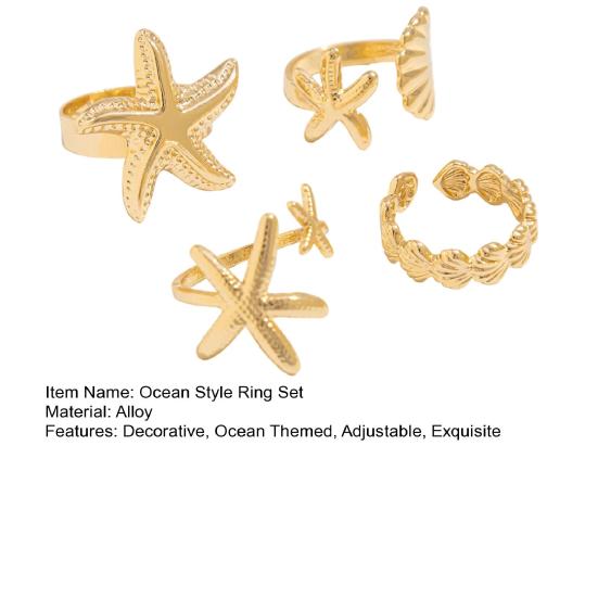 4Pcs Ocean Style Ring Set, Adjustable Open Rings, Gold Plated Starfish Seashell Rings, Dainty Summer Beach Jewelry Gifts for Women