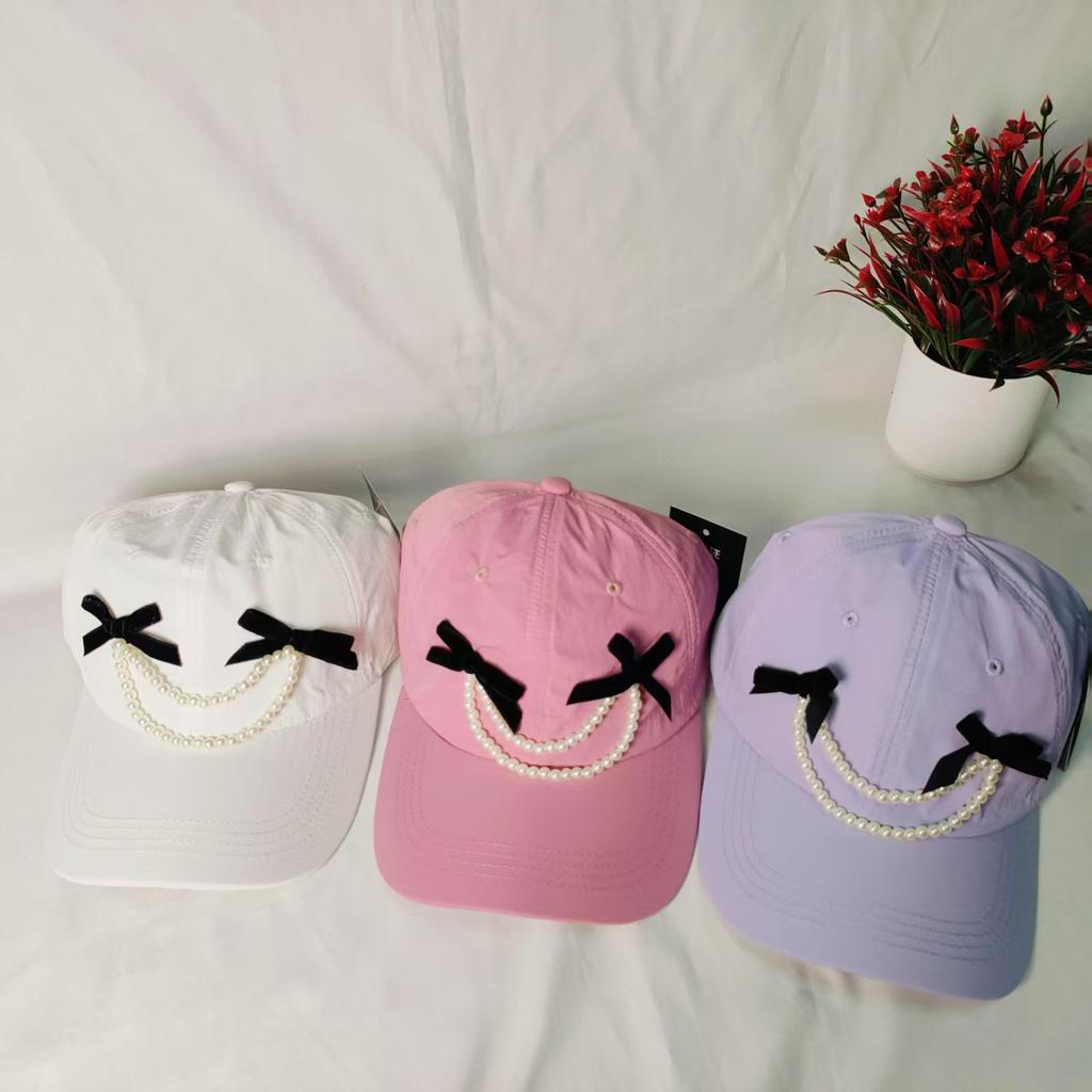 Summer quick-drying pearl bow baseball cap children's new cap big head circumference sun protection small face visor