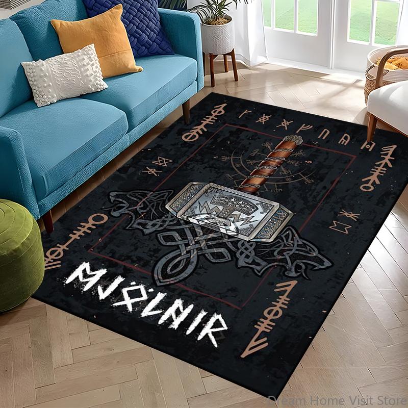 Nordisches Wikingerkrieger Symbol Walhalla Valknut Rune Motto Teppich für Schlafzimmer Wohnzimmer Sofa Zuhause Fußmatte Dekor, Rutschfeste Bodenmatte