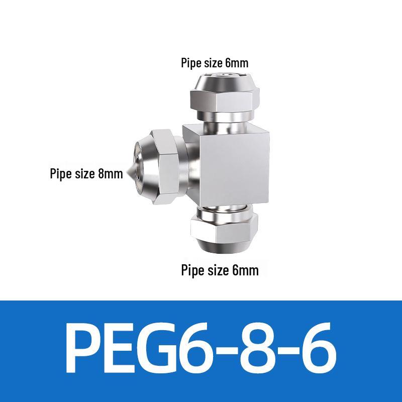 Trachea Quick-Connect T-Nozzle Adapter for Air Pumps and Compressors, with PE Pneumatic Lock Nut, Reducer, and PEG4 6/8mm Compatibility.