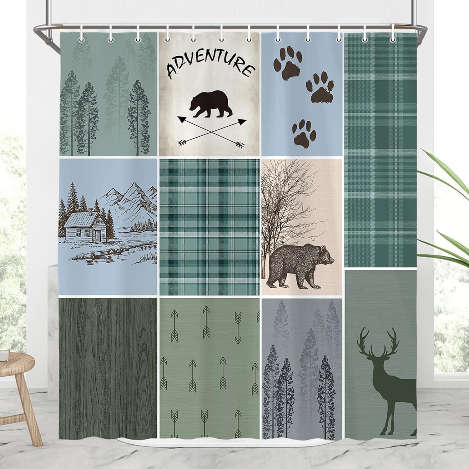 

Rustic Cabin Bear Deer Shower Curtain, Country Green Plaid Shower Curtain Set for Bathroom, Farmhouse Forest Nature Fabric Showe 90x180cm